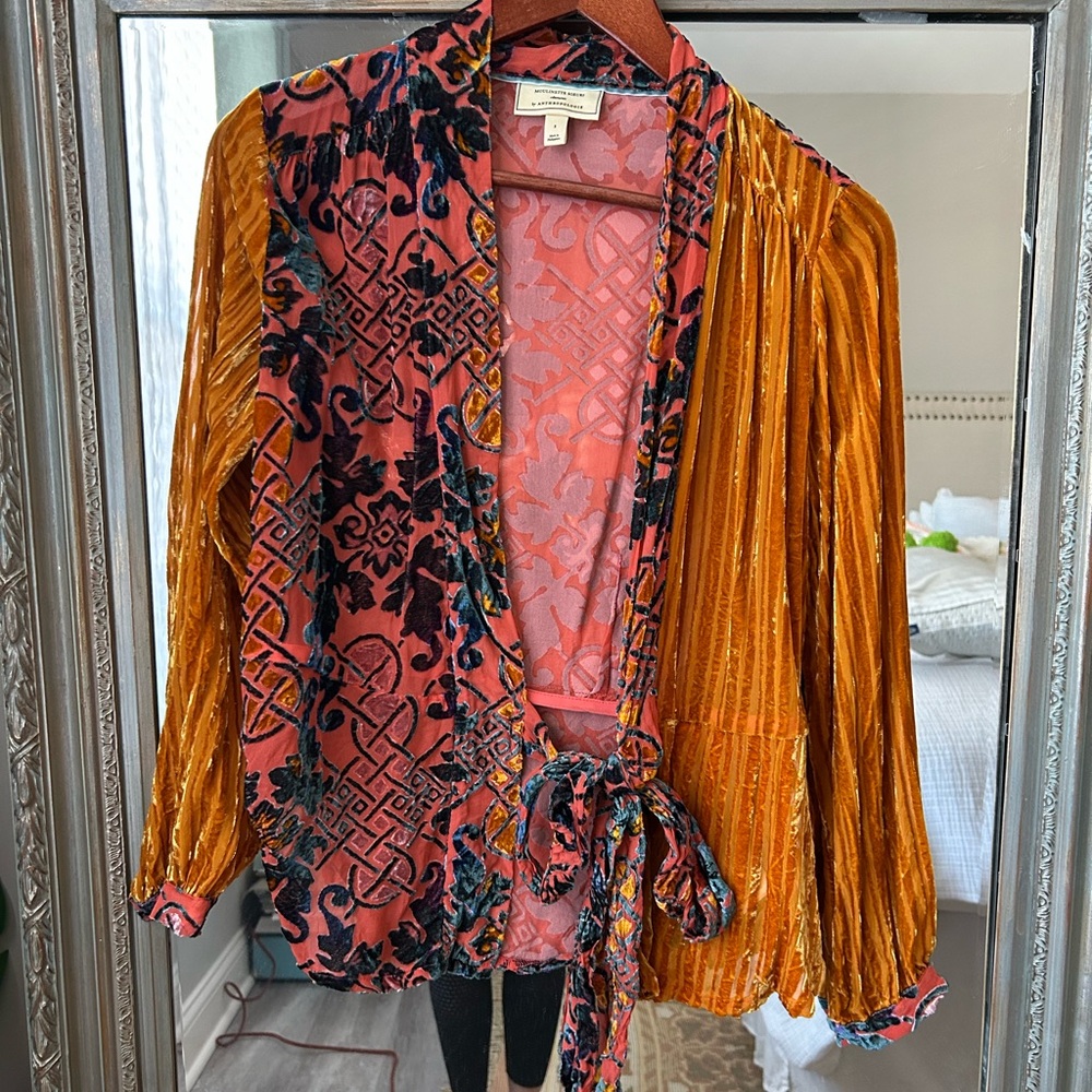 Anthropologie Velvet Kimono with Floral Patterns